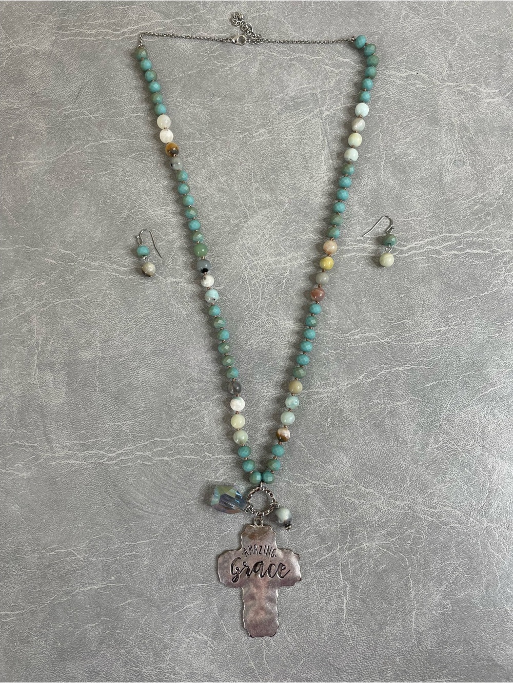 Beaded and Hammered Silver Cross Pendant Necklace with Earrings - Amazing Grace